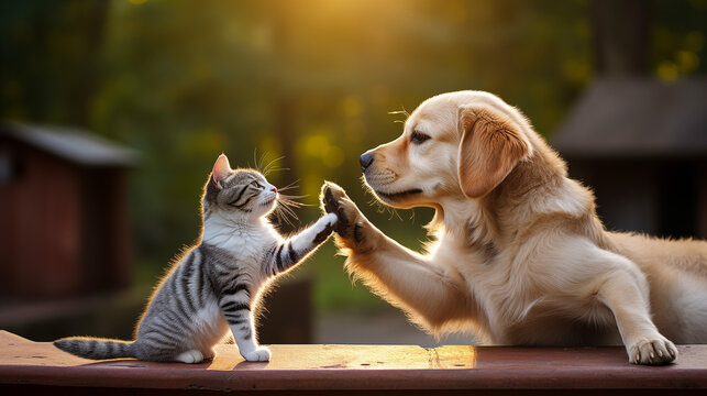 A cat and a dog high-fiving each other.