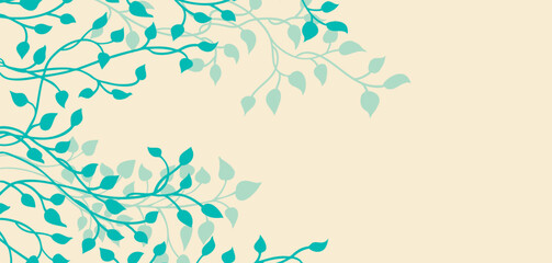 hand drawn ivy and vines in blue on a yellow background in a pretty entwining tangle of leaves climbing up the side border in a floral nature vector pattern for wedding announcements or invitations - obrazy, fototapety, plakaty