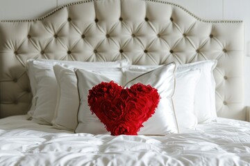 Romantic Accent: The heart pillow serves as a romantic accent among white pillows, adding a touch of love to the bedroom's overall aesthetic