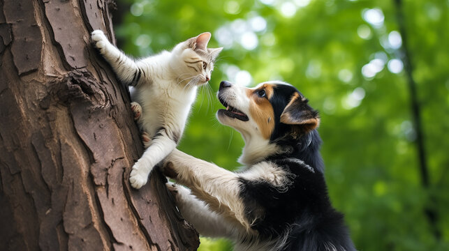 A dog assisting a cat to climb a tree by offering its back as a step.