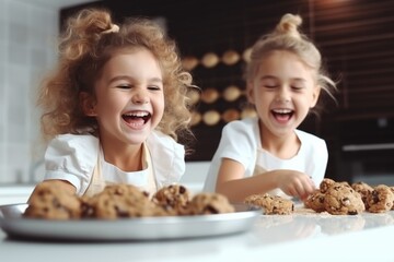 Obraz na płótnie Canvas Two sisters babies children laughing smiling home in kitchen cook bake cookies sweets together childhood funny kids preparing cake happy family dessert little girls enjoy together ingredients pastry