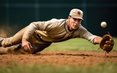 Baseball player best fielding effort on ground.