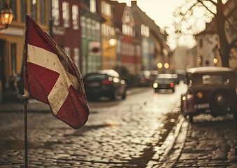 A retro-inspired image of the Danish Flag, processed with vintage film tones and grain. The flag sho