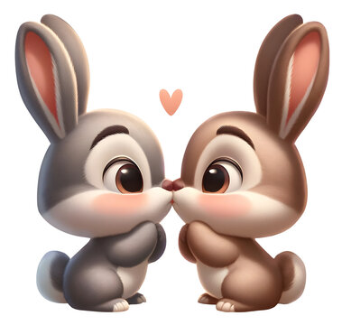Charming LGBTQ+ Bunnies Eskimo Kiss. Valentine's 2D animated Characters Isolated on A Transparent Background.