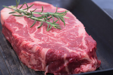 Steak on the pan garnished with rosemary