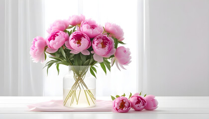 Creative romantic composition of lightbox with copy space and bouquet of pink peony flowers in the vase on the white table on light interior. blank greeting card text created with generative ai