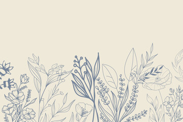 Hand drawn botanical seamless border vector illustration. Greenery meadow thin line art style pattern. Wedding invitation, wall art and card template - obrazy, fototapety, plakaty