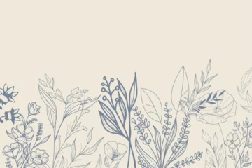 Fotobehang Hand drawn botanical seamless border vector illustration. Greenery meadow thin line art style pattern. Wedding invitation, wall art and card template © CzakaU