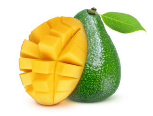 Avocado and mango on isolated white background. Whole, slice