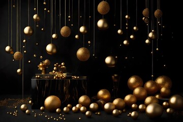 black background adorned with golden orbs of different sizes