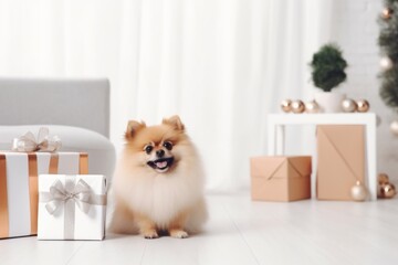 Merry Christmas Xmas New Year living room interior festive decorations holidays cute adorable purebred Pomeranian puppy happy dog doggy pet posing sitting many gift boxes presents celebration indoors