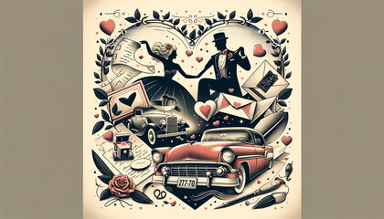 Valentine's greetings card in retro style with lovers couple. Vintage style. Valentine's day