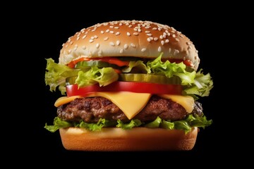 Classic cheeseburger with beef, cheese, bacon, tomato, onion and lettuce isolated on black background.