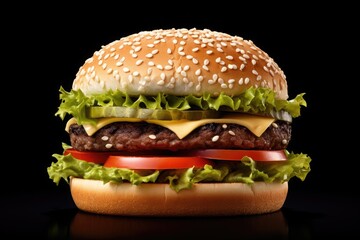 Classic cheeseburger with beef, cheese, bacon, tomato, onion and lettuce isolated on black background.