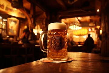Cold fresh brilliance delicious unbottled craft beer foam mug glass keg beer wooden table bar pub. Brewery alcohol non-alcoholic drink party degustation holiday Oktoberfest Munich hospitable service - obrazy, fototapety, plakaty