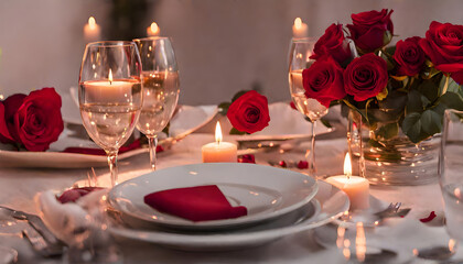 Obraz na płótnie Canvas A romantic dinner table adorned with red roses, candles, and fine cutlery sets the perfect backdrop for love. The luxurious setting creates a timeless ambiance for a memorable dining experience.