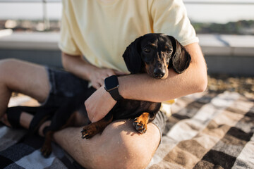 Close up of attractive bearded man wearing yellow T-shirt sitting on blanket while holding black dachshund in hands. Caucasian male person spending time with pet on roof of high-rise building.