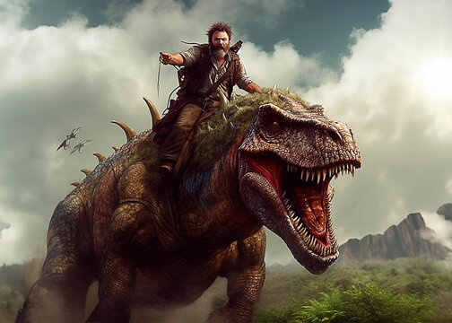 "Experience a thrilling moment as a man rides a Tyrannosaurus rex in this striking photo. 