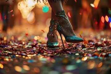 Os pés ágeis de uma passista deslizam na folia do carnaval, uma dança vibrante e cheia de energia - obrazy, fototapety, plakaty