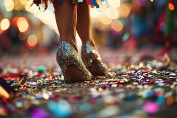 Os pés ágeis de uma passista deslizam na folia do carnaval, uma dança vibrante e cheia de energia - obrazy, fototapety, plakaty