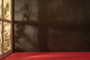 Panorama de fond d'un mur noir et support rouge pour création d'arrière plan. Panoramique avec jeu d'ombre et de lumière à travers une fenêtre.	