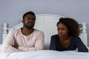 Couple in bed with sexual and marital issues, arguing. - obrazy, fototapety, plakaty