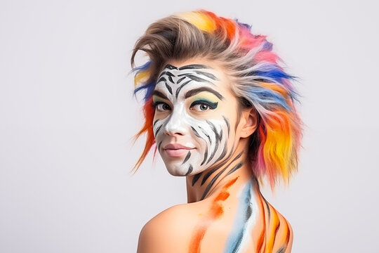Colorfully painted zebra woman, unique and beautiful