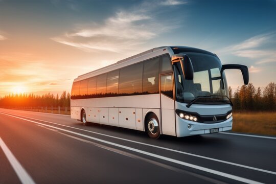 Touristic coach bus on highway road intercity regional domestic transportation driving urban modern tour traveling travel journey ride moving transport concept public comfortable passengers shuttle