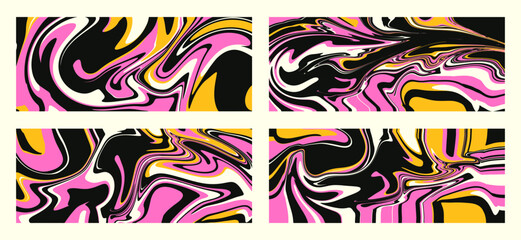 Set of wavy trippy patterns in psychedelic colors. Vector abstract background. Aesthetic texture with flowing waves in the style of the 1970s.