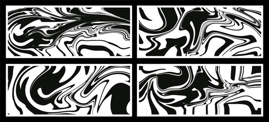 Fototapeta premium Set of wavy trippy patterns in black on a white background. Vector abstract background. Aesthetic texture with flowing waves in the style of the 1970s.