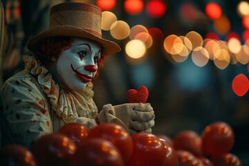 Friendly clown giving heart as present. Image for valentine's day, wedding, birthday or love message cards.