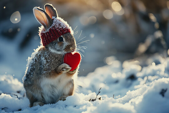 Cute rabbit wearing winter hat and holding a red heart in its hands. Image for valentine's day, wedding, birthday or love message cards.