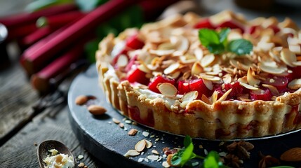 Homemade rhubarb tart with almonds and fresh mint leaves.