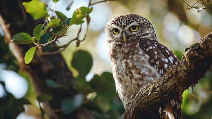 Obraz premium an owl is perched on a branch in a tree