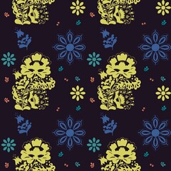 pattern with elements of flowers and leaves; folk motifs; on a black background 