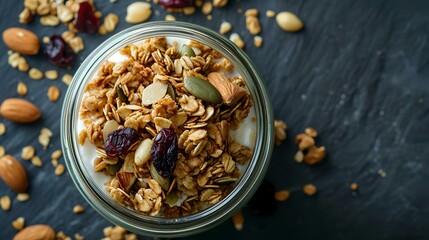 Homemade granola with nuts and dried fruits in a glass jar on a black background. - obrazy, fototapety, plakaty