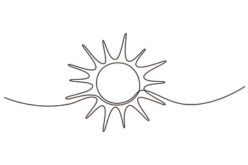 Sun continuous one line icon drawing on white background. Hot temperature and summer sea travel symbol vector illustration in doodle style. Summer sun contour line sign 