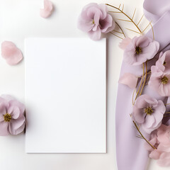 Blank note paper card mockup with pink flowers roses peonies and ribbon