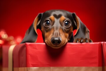 Close up portrait cute little adorable pedigree miniature Dachshund puppy hunting dog doggy positive curious expression gift box present Merry Christmas Xmas holidays Happy New Year postcard greeting