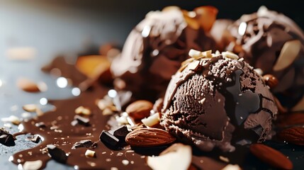 Delicious ice cream with chocolate and nuts on table, closeup - obrazy, fototapety, plakaty