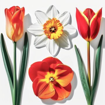 A graphic composition featuring stylized images of spring flowers like tulips and daffodils, isolated against a pure white background for a bold visual impact.