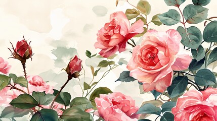 a painting of pink roses with green leaves