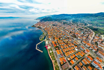 Karamursel, Kocaeli, Turkey. Karamursel is a town and district located in the province of Kocaeli. Aerial shot with drone. - obrazy, fototapety, plakaty
