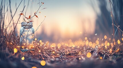 magical scene featuring a glass jar with twinkling lights amidst a natural backdrop, suggesting the peaceful glow of Easter morning. - obrazy, fototapety, plakaty