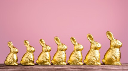 A row of chocolate bunnies wrapped in gold foil are lined up against a pink background, symbolizing Easter treats. - obrazy, fototapety, plakaty