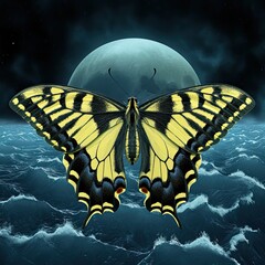 A majestic yellow and black butterfly with fully spread wings centered in front of a full moon surrounded by a dark, starry sky and churning ocean waves.