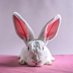 Obraz premium an adorable close-up of a white rabbit with distinctive pink ears against a soft pink background, capturing the essence of Easter.