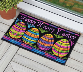A colorful "Happy Easter" doormat adorned with vibrant Easter eggs, offering a cheerful welcome at the entrance of a home.