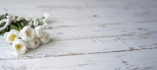 A banner with a gentle arrangement of white tulips lies on a distressed white wooden background, conveying a sense of purity and simplicity.