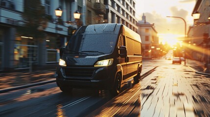 Obraz premium a van driving down a city street